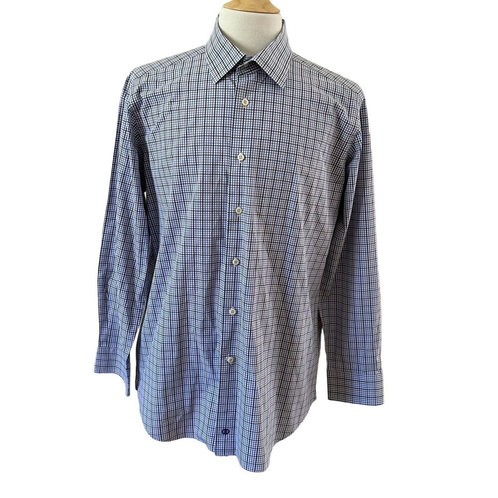 David Donahue Men’s Trim Long Sleeve Shirt Blue Plaid Size 17.5 34/35.
